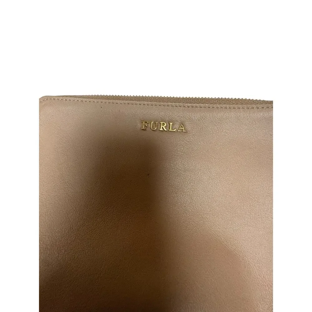 Furla Leather Cosmetic Pouch Tan Zip Clutch Makeup‎ Bag Italy 8x5
